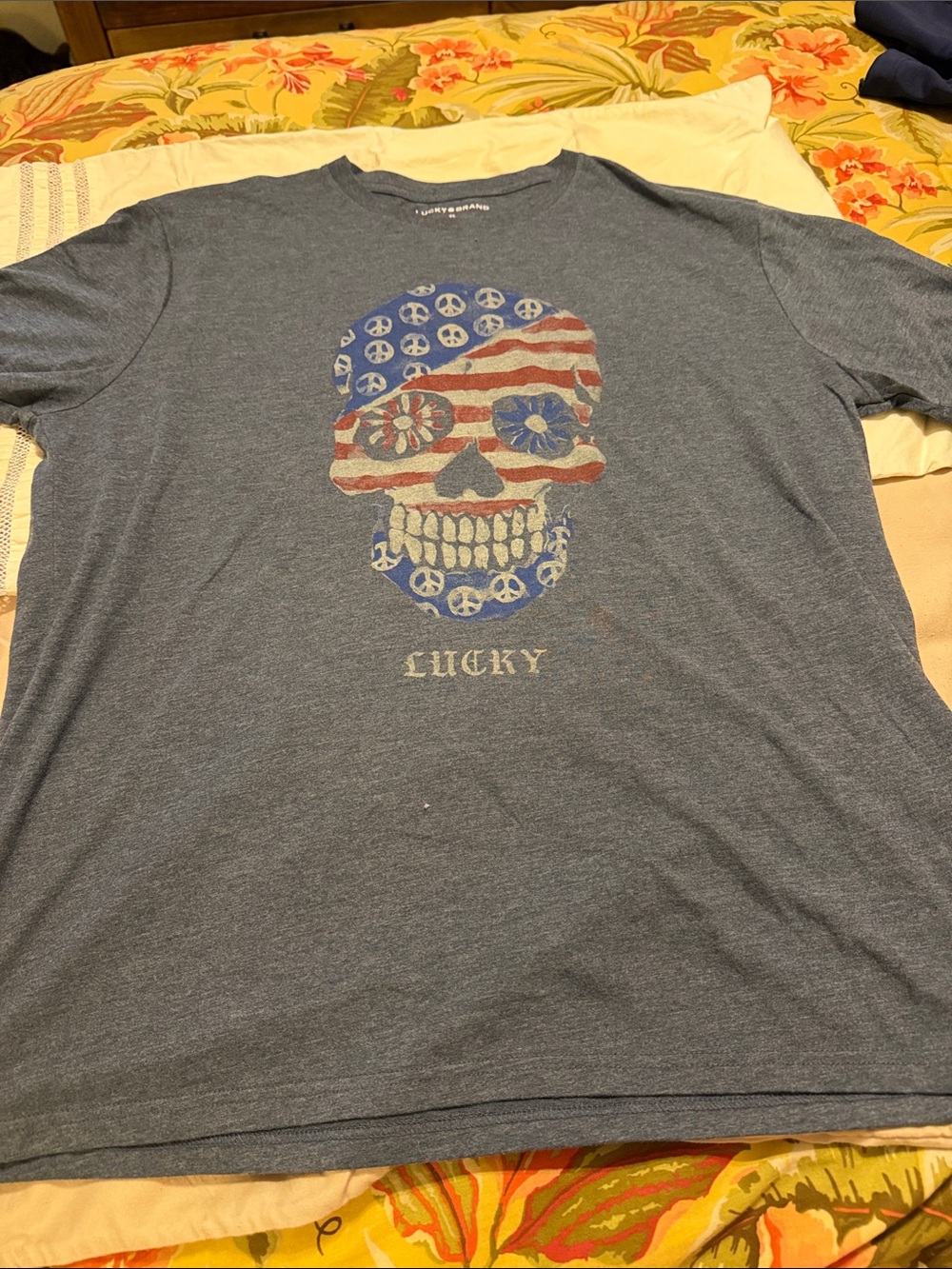 Lucky Brand Heather Blue Short Sleeve Tee with Flag Skull Graphic